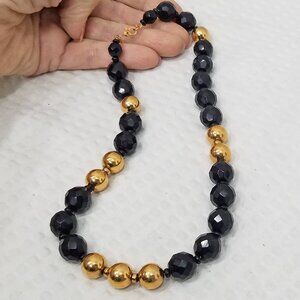 Vintage Signed Monet Couture Black Glass Crystal & Gold Tone Beads  Necklace